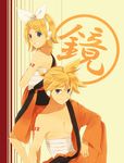  1girl arm_tattoo bad_id bad_pixiv_id bare_shoulders blonde_hair blue_eyes brother_and_sister gekokujou_(vocaloid) grin hadanugi_dousa hair_ribbon headphones iyo_(shalalala) japanese_clothes kagamine_len kagamine_rin kimono knee_up looking_at_viewer orange_kimono ribbon sarashi short_hair short_kimono siblings sitting smile standing tattoo twins vocaloid yellow_background 