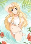  bikini blonde_hair blue_eyes breasts cleavage flower front-tie_top hibiscus highres k-on! kotobuki_tsumugi large_breasts long_hair shu-z side-tie_bikini solo swimsuit wading 