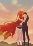  1girl artist_request blonde_hair cape couple fingerless_gloves from_behind gloves hetero hug kittan ponytail red_hair sky tengen_toppa_gurren_lagann thighhighs yoko_littner 