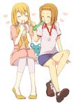  blonde_hair brown_hair candy casual eating food hairband k-on! kotobuki_tsumugi long_hair mofuko multiple_girls neri_ame short_hair stuffed_animal stuffed_toy tainaka_ritsu teddy_bear 