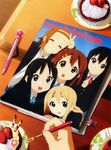  absurdres akiyama_mio black_eyes blonde_hair blue_eyes brown_eyes brown_hair closed_eyes food fruit hair_ornament hairband hairclip highres hirasawa_yui k-on! kotobuki_tsumugi long_hair multiple_girls nakano_azusa non-web_source open_mouth pen round_teeth short_hair strawberry tainaka_ritsu teeth 