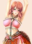  armpits arms_up belt blush breasts carrot_works earrings final_fantasy final_fantasy_xiii green_eyes impossible_clothes impossible_shirt jewelry large_breasts midriff necklace oerba_dia_vanille pouch red_hair shirt simple_background solo taut_clothes taut_shirt 