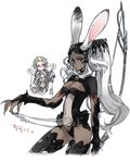  2boys ? animal_ears armor bad_id bad_pixiv_id basch_fon_ronsenburg blonde_hair blush bow_(weapon) breasts brown_eyes bunny_ears cleavage covering_eyes dark_skin ears_through_headwear final_fantasy final_fantasy_xii fran helmet long_hair medium_breasts multiple_boys open_mouth short_hair silver_hair thighhighs toujou_sakana vaan viera weapon 