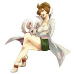  araragi_(pokemon) bad_id bad_pixiv_id breasts brown_hair cleavage crossed_arms crossed_legs earrings gen_5_pokemon green_eyes jewelry labcoat legs lipstick makeup medium_breasts minccino no_socks pencil_skirt pokemon pokemon_(creature) pokemon_(game) pokemon_bw popped_collar shoes sitting skirt sneakers suzuki_hayase 