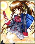  bad_id bad_pixiv_id bag bow brown_hair cellphone little_busters! long_hair natsume_rin phone pink_bow ponytail red_eyes school_uniform solo sumire_(sumiringo2008) 