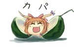  closed_eyes food fruit horn_ribbon horns ibuki_suika ibuki_suika_(watermelon) lowres namesake no_humans open_mouth pun ribbon simple_background smile touhou unknown_7 watermelon yukkuri_shiteitte_ne 