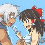  1girl bad_id bad_pixiv_id black_hair blush bow brown_eyes buront couple crossover elf elvaan final_fantasy final_fantasy_xi food giving hair_bow hakurei_reimu hetero koraku_gekki lowres pointy_ears popsicle red_eyes sarashi sharing short_hair silver_hair sleeveless the_iron_of_yin_and_yang touhou 