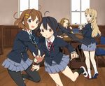  4girls black_hair blonde_hair blue_eyes brown_eyes brown_hair food hair_ornament hairband hairclip hand_on_shoulder hirasawa_yui k-on! kotobuki_tsumugi legs long_hair multiple_girls nakano_azusa neck_ribbon open_mouth pantyhose red_ribbon ribbon round_teeth school_uniform short_hair skirt smile tainaka_ritsu teeth twintails 