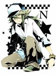  bangle baseball_cap bracelet checkered green_eyes green_hair hat jewelry male_focus n_(pokemon) necklace one_knee pokemon pokemon_(game) pokemon_bw ponytail sgawarananto smirk solo star 