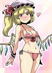  bikini blush breasts cameltoe cleavage covered_nipples fang flandre_scarlet hat heart highres jpeg_artifacts large_breasts long_hair older red_eyes side_ponytail smile solo striped striped_bikini swimsuit touhou tsuki_wani wings wrist_cuffs 