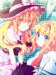  alice_margatroid bad_id bad_pixiv_id bangs blonde_hair blue_eyes blush bow capelet gradient_hair hair_bow hairband hat heart kirisame_marisa long_hair messy_hair multicolored_hair multiple_girls orange_hair riichu short_hair smile touhou witch_hat 