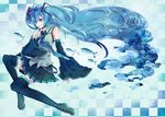  blue_eyes blue_hair boots checkered checkered_background detached_sleeves fish hatsune_miku highres long_hair necktie sitting skirt smile solo thigh_boots thighhighs twintails very_long_hair vocaloid yukimichi_(nieko) 