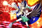  alternate_weapon arm_cannon bow brown_hair cape fire green_bow hair_bow long_hair pleated_skirt radiation_symbol red_eyes reiuji_utsuho skirt solo touhou tri weapon wings 