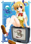  bad_id bad_pixiv_id blonde_hair flipper hair_ribbon heterochromia long_hair lyrical_nanoha mahou_shoujo_lyrical_nanoha_vivid panties ribbon school_uniform shoe_dangle shoes single_shoe sitting skirt smile socks solo st._hilde_academy_of_magic_uniform sweater_vest television two_side_up underwear vivio 