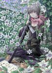  animal_ears brown_hair clematis_(flower) collar dog_ears dog_tail fence flower highres indian_style kanzaki_hayato katana kuroinu male_focus original red_eyes scroll sitting solo sword tail weapon 