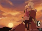  1girl blonde_hair carrying couple haruno_sakura hetero innera kiss naruto naruto_(series) pink_hair short_hair sunset uzumaki_naruto 