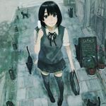  animal bad_id bad_pixiv_id bag black_hair blue_eyes cafe cat door food loafers looking_up menu_board nimirom original pavement plant popsicle ribbon school_bag school_uniform shoes short_hair skirt smile solo thighhighs vest zettai_ryouiki 