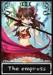  bow brown_eyes brown_hair detached_sleeves hair_bow hakurei_reimu short_hair solo sword takotsu tarot the_empress touhou weapon 