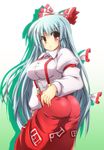  :o ass bad_id bad_pixiv_id bangs blue_hair blush bow breasts curvy dress_shirt from_behind fujiwara_no_mokou gradient gradient_background green_background hair_bow hair_ribbon highres impossible_clothes impossible_shirt large_breasts long_hair looking_at_viewer looking_back pants red_eyes ribbon sen_(astronomy) shirt silver_hair solo straight_hair suspenders touhou v-shaped_eyebrows very_long_hair white_background 