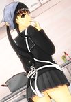  alternate_hairstyle amagami apron ayatsuji_tsukasa bad_id bad_pixiv_id bandana black_jacket black_skirt cooking finger_licking frying_pan jacket kibito_high_school_uniform licking long_sleeves looking_back pleated_skirt school_uniform shitou_(4h) skirt solo tabasco 