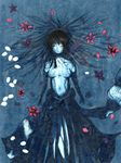  black_hair blue_skin fatal_frame fatal_frame_3 flower highres japanese_clothes long_hair okapachi sleeping solo tattoo water yukishiro_reika 