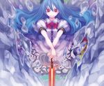  blue_hair food fruit hat hinanawi_tenshi iseki_(kuroshura_no_tabiji) long_hair looking_at_viewer peach red_eyes rock smile solo sword sword_of_hisou touhou weapon x_arms 