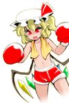  blonde_hair boxing_gloves censored convenient_censoring fang flandre_scarlet hat highres noise open_mouth red_eyes ringed_eyes short_hair shorts side_ponytail solo topless touhou towel wings 