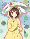  1girl :&lt; abstract animal_ears brown_hair bunny_ears carrot carrot_necklace fuyutarou heart inaba_tewi jewelry necklace pendant polka_dot raincoat red_eyes snail solo touhou umbrella 