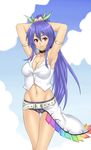  adapted_costume alternate_hairstyle armpits arms_behind_head arms_up blue_hair breasts cameltoe choker food fruit highres hinanawi_tenshi hips houtengeki long_hair midriff navel peach ponytail red_eyes short_shorts shorts solo thigh_gap touhou 