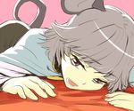  animal_ears bad_id bad_pixiv_id capelet face grey_hair lying mouse_ears mouse_tail nazrin on_stomach open_mouth pink_background red_eyes shiba_itsuki short_hair simple_background solo tail touhou 