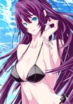  bakemonogatari bikini blue_eyes bracelet breasts cleavage gyuufa jewelry large_breasts long_hair monogatari_(series) ponytail purple_hair senjougahara_hitagi side-tie_bikini solo swimsuit 