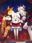  2girls alice_(wonderland) alice_(wonderland)_(cosplay) alice_in_wonderland animal_ears animal_hood bad_id bad_pixiv_id blonde_hair blue_eyes book boots bow bunny_ears cat_hood cat_tail cosplay crossed_legs dress eien_no_shounen el_(sound_horizon) elysion foreshortening frills green_eyes grin hands_on_own_knees hat highres hood leg_up legwear_under_shorts long_hair lost lost-ko multiple_girls pantyhose reading red_eyes ribbon short_hair shorts silver_hair sitting smile sound_horizon striped striped_legwear tail white_hair white_legwear wings yellow_legwear yukizen 