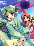  absurdres august_soft bekkankou blue_eyes brown_eyes brown_hair day green_hair hagoita hair_ribbon hanetsuki highres japanese_clothes kimono motion_blur multiple_girls paddle ponytail ribbon sky takamizawa_natsuki tooyama_midori torii yoake_mae_yori_ruri_iro_na yukata 