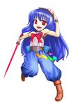  bare_shoulders blue_hair boots chrono_trigger flat_chest highres hinanawi_tenshi long_hair marle marle_(cosplay) nanatsu_(chatge) parody red_eyes smile solo sword touhou weapon 