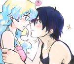  1girl ? blue_hair blush couple curly_hair earrings frown hetero holding jewelry long_hair md5_mismatch multicolored_hair nia_teppelin short_hair simon simple_background sweatdrop taira_momen tengen_toppa_gurren_lagann 