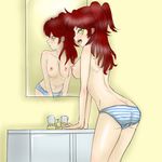  ass bad_id bad_pixiv_id blush breasts covered_nipples freckles gundam gundam_00 kakaoro_kuji long_hair medium_breasts mirror nena_trinity no_bra panties red_hair striped striped_panties topless two_side_up underwear yellow_eyes 