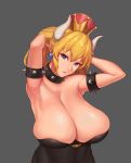  1girl armlet armpits bare_shoulders blonde_hair blue_earrings bowsette breasts cleavage closed_mouth collar crown earrings grey_background horns huge_breasts jewelry lips looking_at_viewer mario_(series) new_super_mario_bros._u_deluxe nintendo pointy_ears short_hair simple_background solo spiked_armlet spiked_collar spikes suigetsu_(hjs1106) super_crown upper_body 
