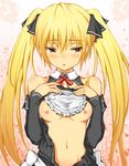  apron apron_lift bare_shoulders blonde_hair blush bow breasts chiri_(atlanta) detached_sleeves dream_c_club dream_c_club_(series) elbow_gloves gloves hair_bow hair_ribbon long_hair looking_away medium_breasts mian_(dream_c_club) navel neck_ribbon nipples open_clothes ribbon solo twintails very_long_hair waitress yellow_eyes 