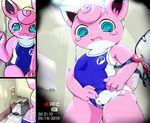  anthro blue_eyes camera eyewear female fur g-sun goggles low-angle_shot nintendo one-piece_swimsuit panties panties_aside pink_fur pok&#233;mon pok&#233;morph pokemon pool pussy solo swimsuit toilet underwear video_games wigglytuff worm's-eye_view 