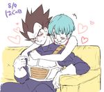  1boy 1girl ;) armor black_hair blue_eyes blue_hair blush blush_stickers bulma couch couple dragon_ball dragon_ball_z ear_blush eyebrows_visible_through_hair frown gloves heart hetero hug hug_from_behind looking_at_another looking_away nervous number one_eye_closed short_hair simple_background sitting smile spiked_hair sweatdrop tkgsize translation_request vegeta white_background 