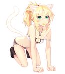  all_fours animal_ears bare_shoulders blonde_hair blush breasts cat_ears cat_tail cleavage cleavage_cutout closed_mouth denim denim_shorts fate/apocrypha fate_(series) full_body green_eyes jewelry kemonomimi_mode kz_ripo looking_at_viewer medium_breasts mordred_(fate) mordred_(fate)_(all) mouth_hold off_shoulder pendant pet_play ponytail short_hair short_shorts shorts simple_background solo tail tail_raised twitter_username white_background 