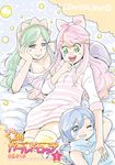  artist_name bkub blue_hair bow braid bubble comic cover cover_page fake_cover green_hair hair_bow highres hoshifuri_sosogu hoshiiro_girldrop multiple_girls non-web_source pillow pink_hair thighhighs translation_request tsukino_shizuku yuuhi_korona 