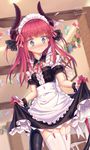  alternate_costume apron blue_eyes blush center_frills closed_mouth commentary_request dated detached_sleeves dragon_girl dragon_tail dress dress_lift elizabeth_bathory_(fate) elizabeth_bathory_(fate)_(all) enmaided fate/extra fate/extra_ccc fate/grand_order fate_(series) flying_sweatdrops garter_straps highres horns indoors lifted_by_self long_hair looking_at_viewer maid maid_headdress miho_(dreamhutmino) neck_ribbon pink_hair pointy_ears puffy_sleeves ribbon slit_pupils solo tail thighhighs twitter_username wavy_mouth white_legwear zettai_ryouiki 