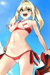  :d aestus_estus bikini blonde_hair bracelet breasts covered_nipples cowboy_shot criss-cross_halter day fate/grand_order fate_(series) from_below green_eyes hair_intakes halterneck highres jewelry lens_flare long_hair medium_breasts navel nero_claudius_(fate)_(all) nero_claudius_(swimsuit_caster)_(fate) onaka_(pixiv11820960) open_mouth outdoors side-tie_bikini sky smile solo striped striped_bikini sun swimsuit twintails underboob v-shaped_eyebrows 
