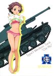  absurdres barefoot bikini breasts brown_hair caterpillar_tracks cleavage clothes_lift emblem frilled_bikini frills full_body girls_und_panzer ground_vehicle hair_pulled_back hairband highres looking_at_viewer military military_vehicle momogaa motor_vehicle ooarai_(emblem) open_mouth pink_bikini pink_hairband red_eyes shiny shiny_skin short_hair small_breasts solo standing sweater sweater_lift swimsuit tank type_3_chi-nu undressing white_background 