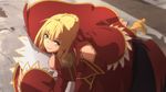  aestus_estus ahoge all_fours armored_boots ass back_cutout blonde_hair boots braid breasts butt_crack cleavage closed_mouth dress epaulettes eyebrows_visible_through_hair fate/extra fate_(series) from_above green_eyes hair_intakes high_heels looking_at_viewer looking_up medium_breasts nero_claudius_(fate) nero_claudius_(fate)_(all) on_ground red_dress shadow smile solo sonri sword v-shaped_eyebrows weapon 