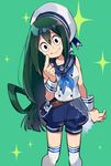  alternate_costume asui_tsuyu black_eyes boku_no_hero_academia commentary_request finger_to_mouth green_background green_hair hair_rings hat jinno_(megacake) long_hair looking_at_viewer low-tied_long_hair puffy_shorts sailor sailor_collar sailor_hat shirt shorts simple_background sleeveless sleeveless_shirt smile solo sparkle 
