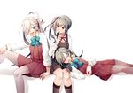  asashimo_(kantai_collection) brown_eyes closed_eyes dress green_eyes grey_hair grey_legwear hair_between_eyes hair_over_one_eye highres index_finger_raised kantai_collection kasumi_(kantai_collection) kiyoshimo_(kantai_collection) lap_pillow long_hair long_sleeves low_twintails multiple_girls nan_(nanyayyay) open_mouth pantyhose pinafore_dress ponytail purple_legwear remodel_(kantai_collection) sharp_teeth shirt side_ponytail silver_hair sleeping teeth twintails white_shirt 