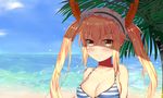  absurdres beach bikini blonde_hair blush breasts cleavage closed_mouth day dragon_horns eyebrows_visible_through_hair highres horns kobayashi-san_chi_no_maidragon large_breasts long_hair looking_at_viewer maid_headdress ocean orange_eyes outdoors palm_tree sky smile solo striped striped_bikini swimsuit tooru_(maidragon) tree twintails upper_body very_long_hair xiao_xiao_touming 