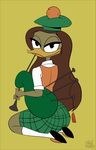  anthro avian bagpipes beak bedroom_eyes bird brown_hair duck ducktales eyelashes female hair half-closed_eyes hat kilt knullmannen_(artist) musical_instrument scottish seductive simple_background smile solo yellow_background 